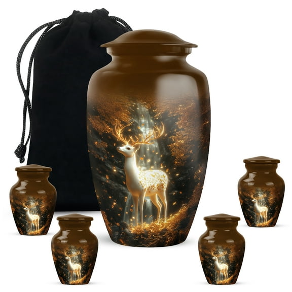 Deer Funeral Cremation Urns For Mom And Dad - Golden Mini Urns For Human Ashes Set Of 4 - Brown Keepsake Cremation Urn For Adult Men - 1 Large Burial Urn For Cremated Remains, Combo (10&3) Inch