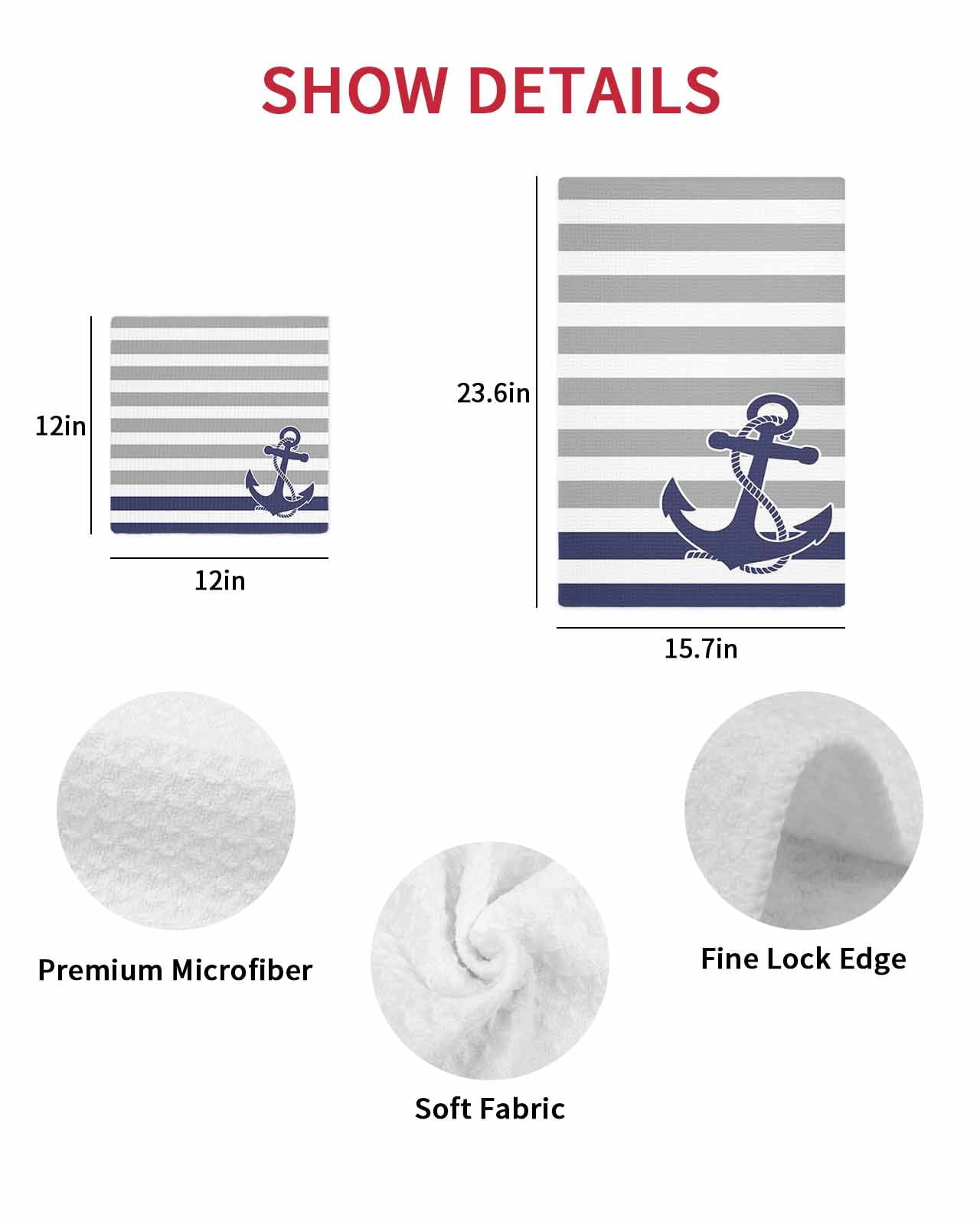 Anchor Gray Kitchen Dish Towels for Drying Dishes Set of 3, Modern Navy Blue White Striped Nautical Waffle Weave Microfiber Hand Tea Bathroom Towels Quick Dry & Absorbent Towel 12x12