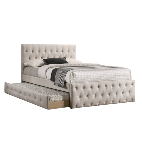 Nek Wood Full Size Upholstered Bed with Twin Trundle Taupe Burlap Frame