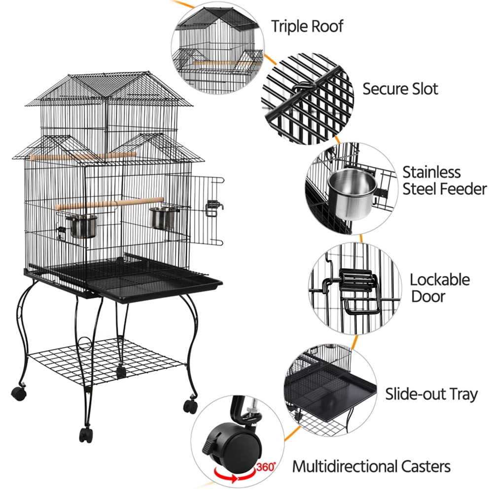 Alden Design 55" H Metal Rolling Bird Cage with Triple Roof Detachable Stand for Birds Finches Lovebirds Canaries Cockatiels Conures Parakeets, Black