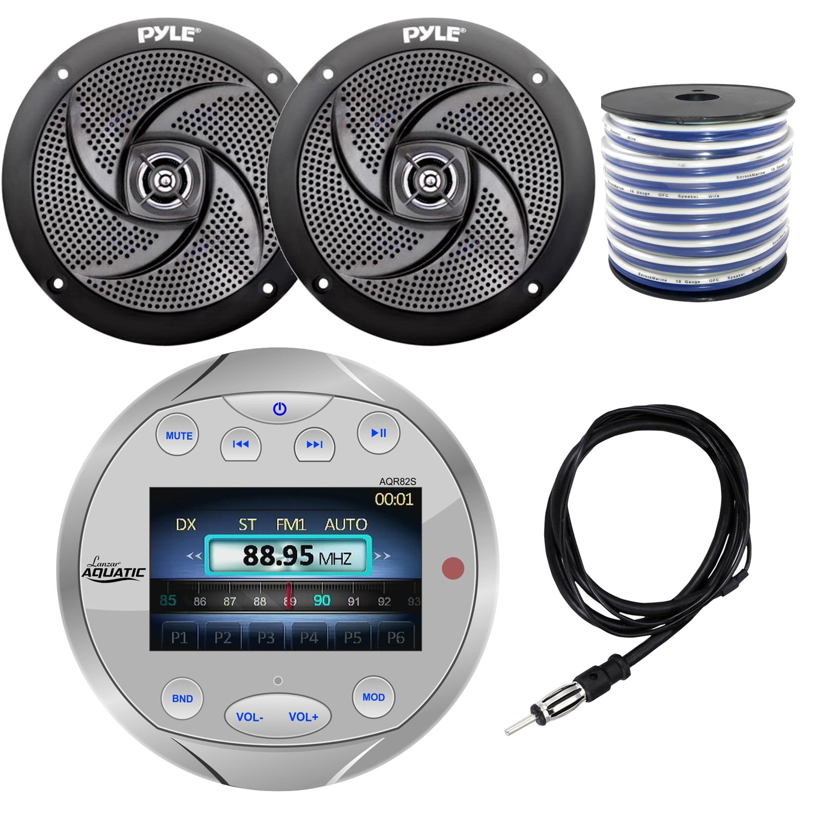Lanzar AQR82S Round Aquatic Waterproof Marine Stereo In Dash Bluetooth Receiver Silver, 2x