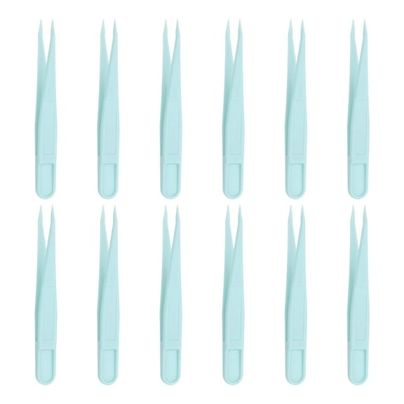 12 Pack Plastic Tweezers for Crafts, 3.1" Pointed Tweezers Bulk for Animal Feeding, Disposable Stickers Tweezers (Blue)