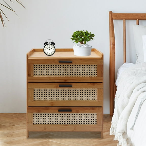 Bamboo Wood Bedside Table End Table 3 Sliding Drawers Nightstand Storage Cabinat