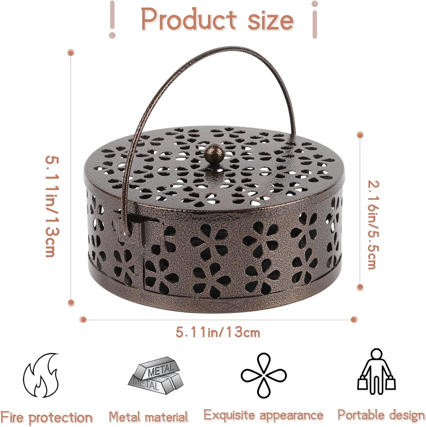 Portable Iron Mosquito Coil Holder with Handle Round Heat-Resistant Incense Holder for Home Office Camping (Bronze)