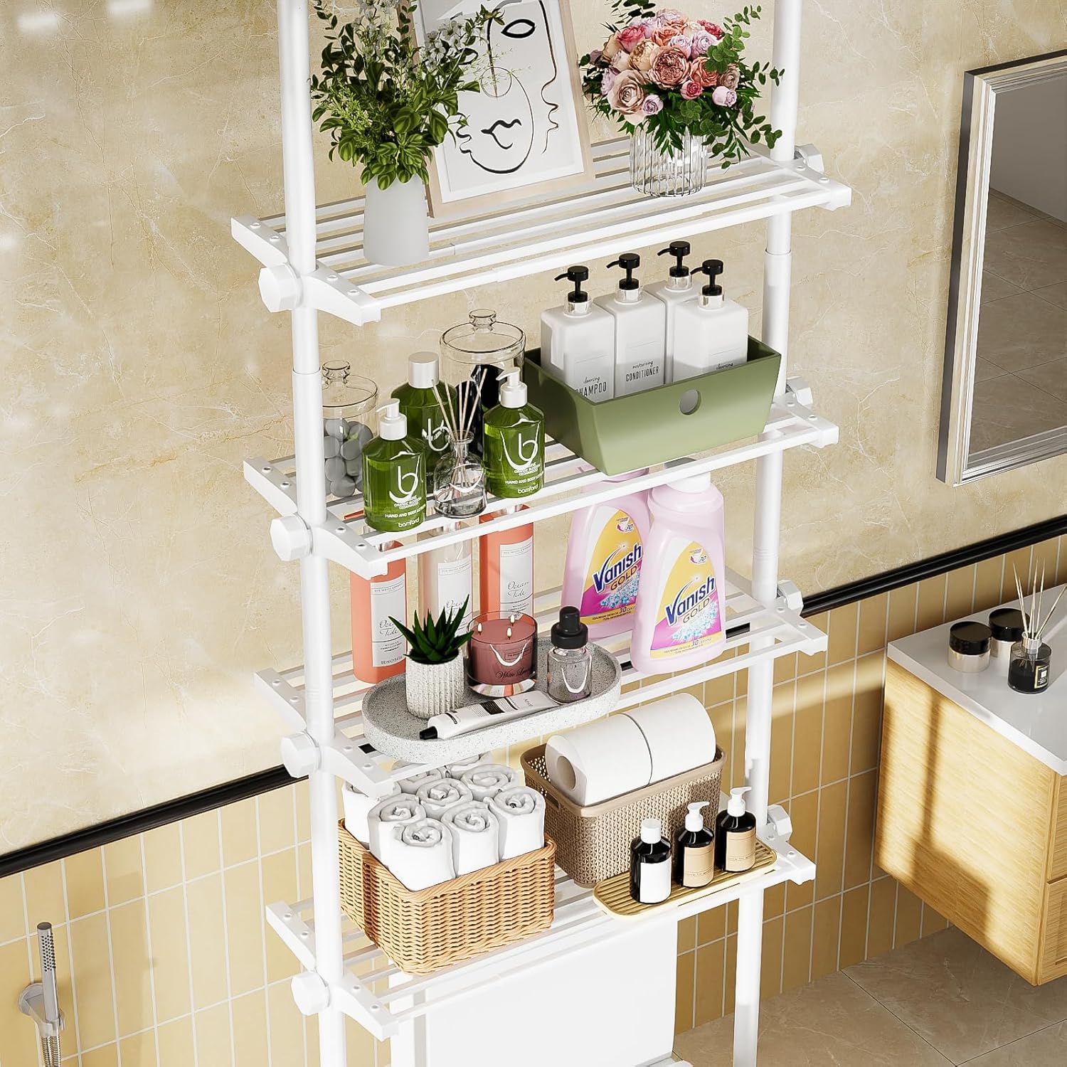 Over The Toilet Storage Shelf 4 Tier Adjustable Tension Mounted Metal Bathroom Organizer White