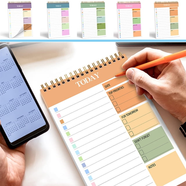 Cuaderno de planificación diaria A5 | Bloc de notas del organizador de horarios encuadernado en bobina sin fecha | Diario portátil de listas de tareas con notas adhesivas | Almohadilla de