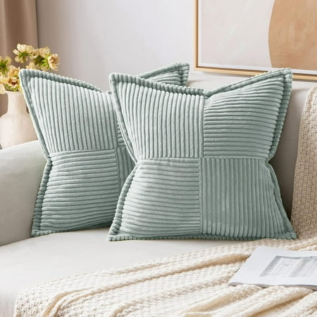

MIULEE Corduroy Pillow Covers with Splicing Set of 2 Super Soft Couch Pillow Covers Broadside Striped Decorative Textured Throw Pillows for Spring Cushion Bed Livingroom 16x16 inch Greyish Green