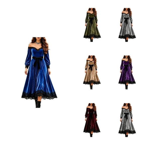 Women Renaissance Gothic Velvet Midi Dress Off Shoulder, Black Lace Trim Puff Long Sleeve Waist Bow Flared A Line Halloween Party Dress