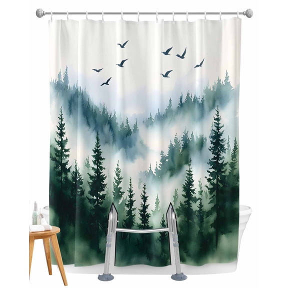 Split Shower Curtain for Transfer Bench, Ink Green Forest Fabric Shower Curtains for Bathroom, Watercolor Modern Mountain Tub Sliding Transfer Bench Waterproof Bath Curtains 72"x78"