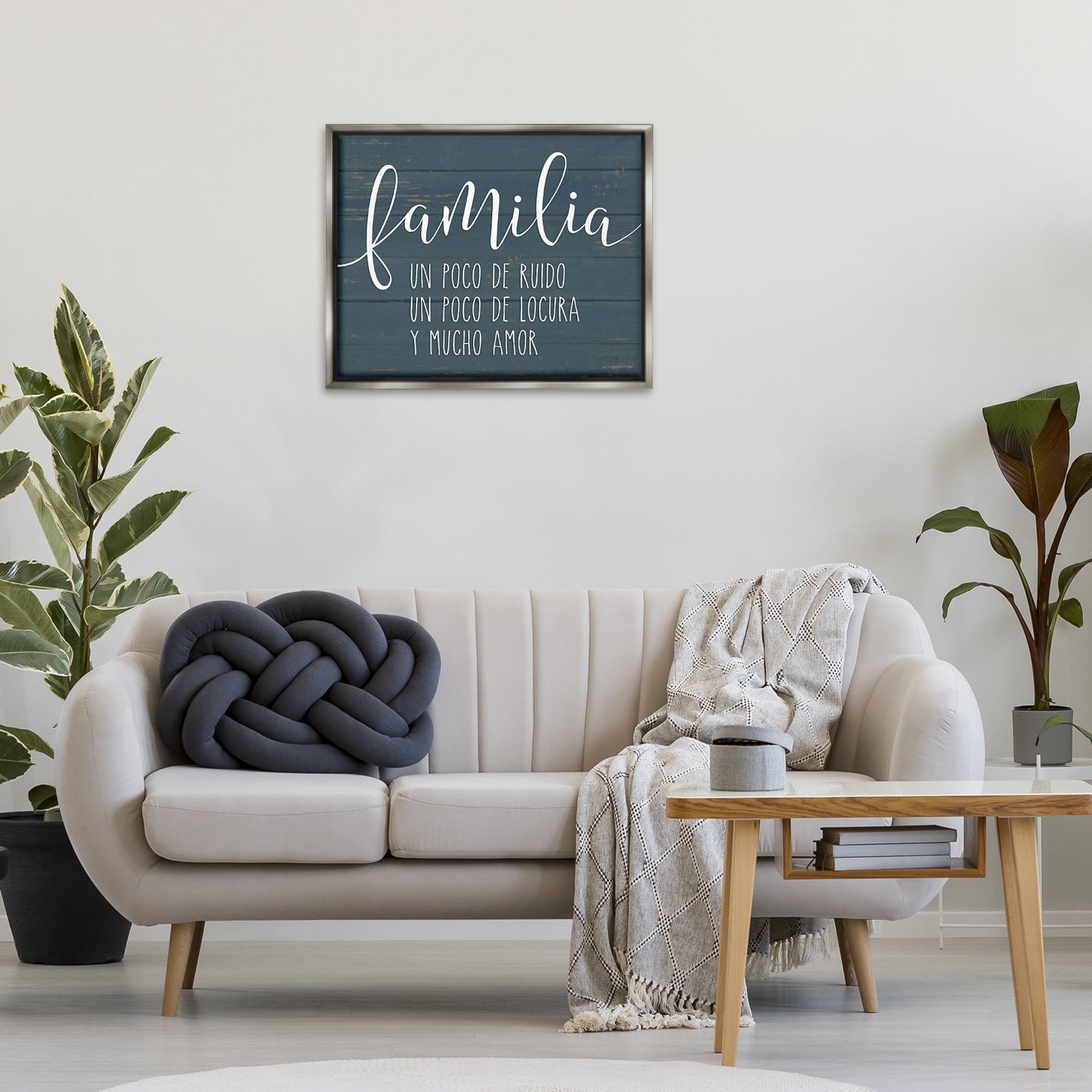 Stupell Industries Familia Y Mucho Amor Inspirational Quotes & Sayings Painting Gray Floater Framed Art Print Wall Art, 31 x 25