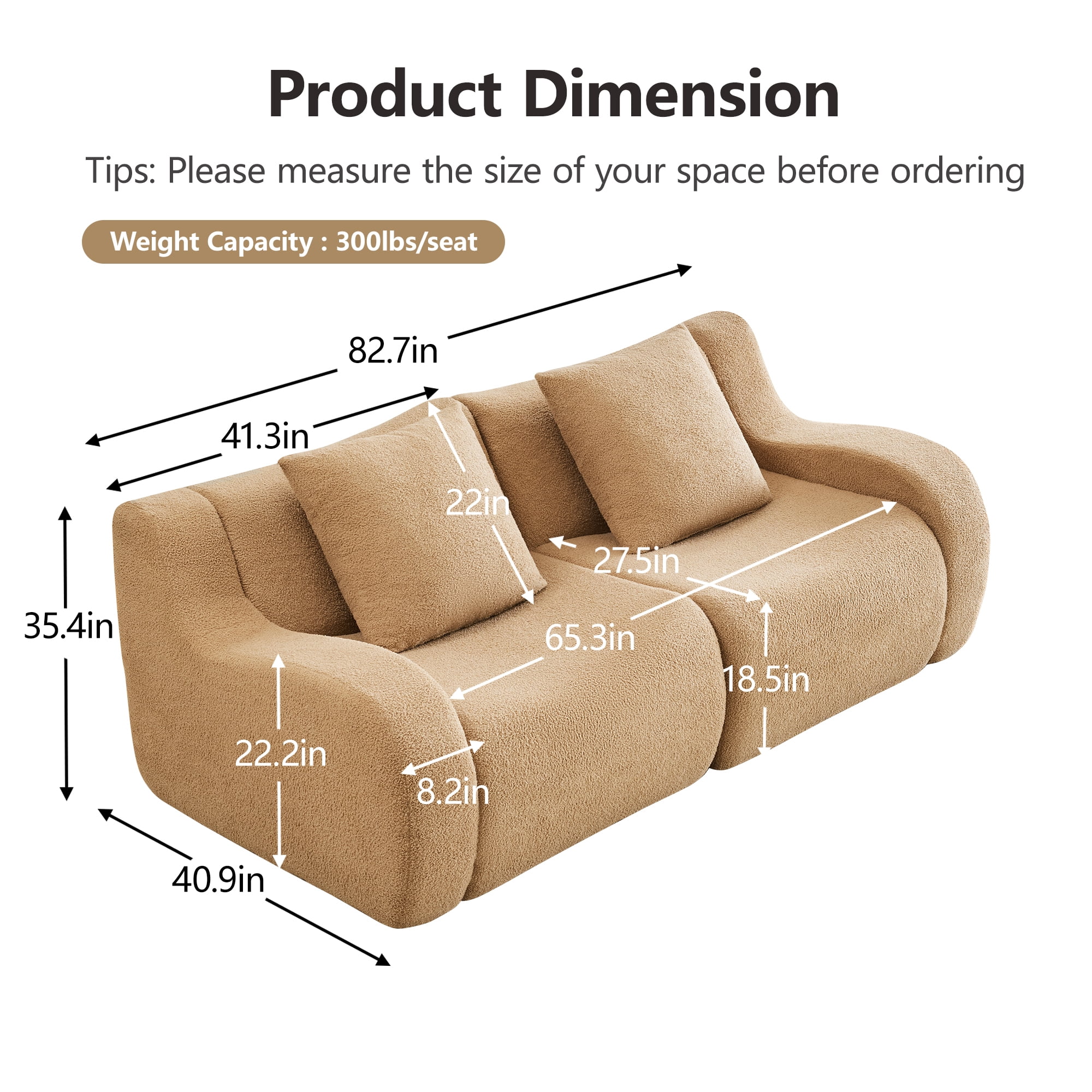 Aukfa 83" Boneless 2-Seater Modular Loveseat Sectional Sofa, 27.5" Deep Seat, Teddy, Camel