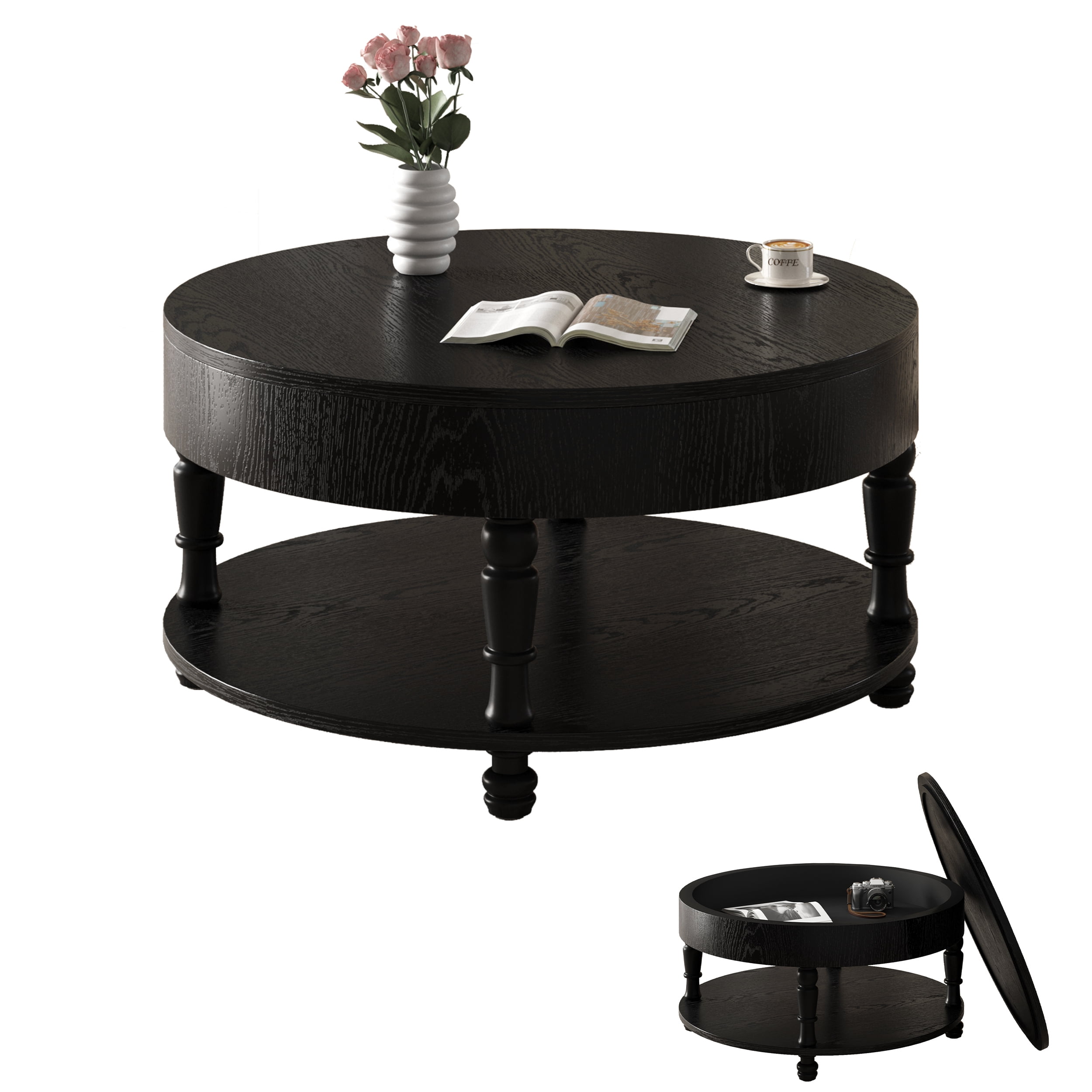 31.5" Round Coffee Table with Hidden Storage, Modern Wood Coffee Table with Flip-Top Compartment & Open Shelf, Dual-Tier Center Table for Living Room,Black