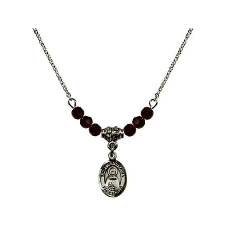 - 18-Inch Rhodium Plated Necklace with 4mm Red January Birth Month Stone Beads and Saint Anastasia Charm