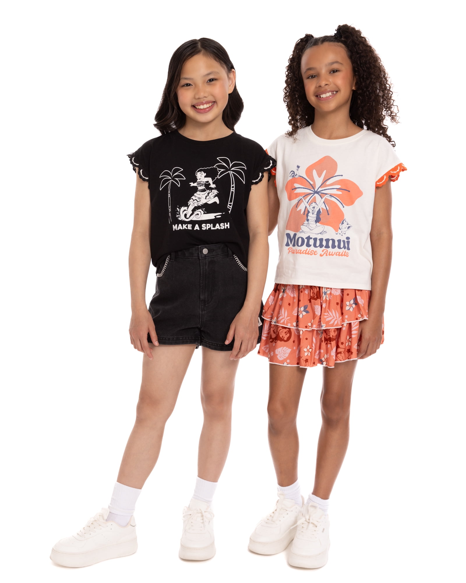Disney Moana Girl’s Crochet Trim Crewneck Tee with Dolman Sleeves, Sizes 4-16