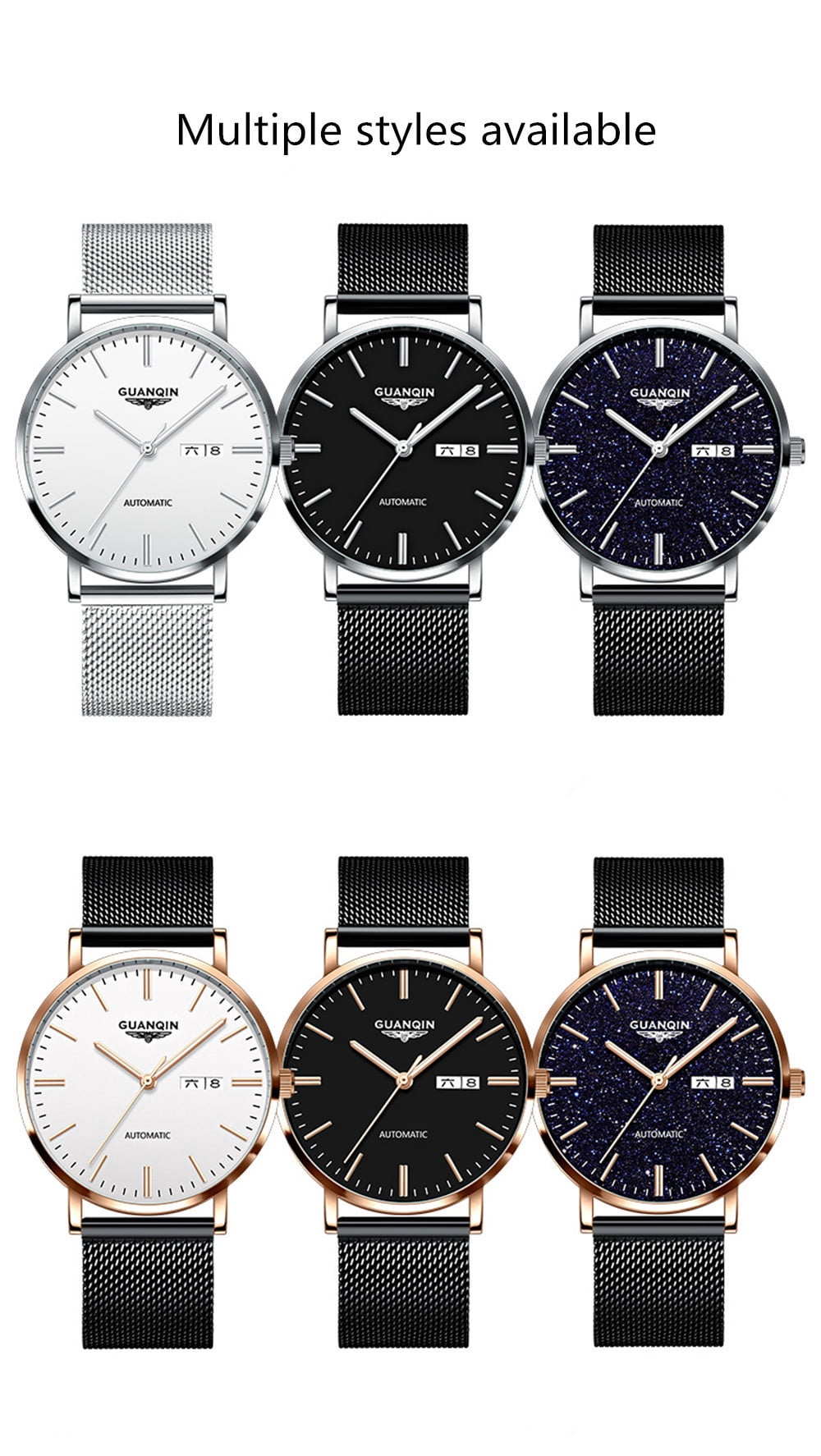 GUANQIN Automatic Mechanical Self Winding Watches for Men Day Date Luminous Steel Leather Wrist Watch