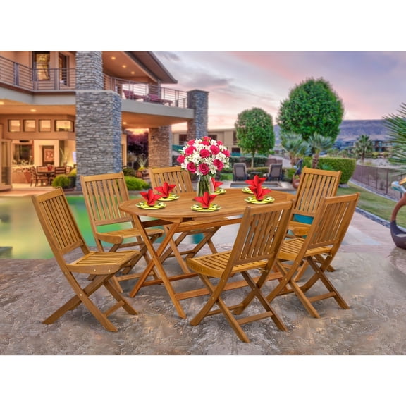 7-Piece Outdoor Table Set - Patio Dining Set with 6 Folding ChairsRound Table - Natural Wood Finish