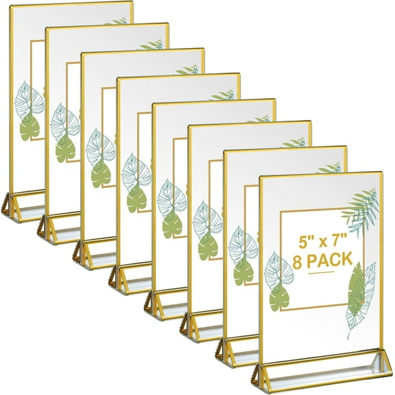 8 Pack Acrylic Sign Holder Gold Borders,5 x 7 Gold Table Number Holders Vertical Stand,Double Sided Clear Picture Frames,Table Menu Display Stand for Wedding Office Desktop Photos Display