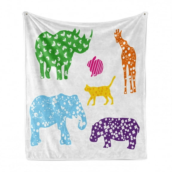 Silhouette Soft Flannel Fleece Throw Blanket, Wild Animals Colorful Cartoon Cat Giraffe Rabbit and Hippo Print, Cozy Plush for Indoor and Outdoor Use, 60" x 80", Multicolor, by Ambesonne