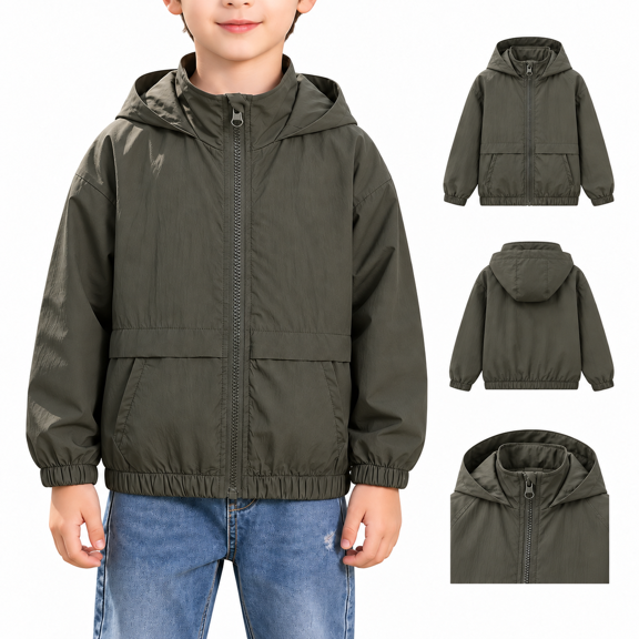Boys Lightweight Hooded Windbreaker Jacket, Long Sleeve Full Zip Loose Fit with Pockets for Casual Outdoor Wear, Army Green, 4-5 Years