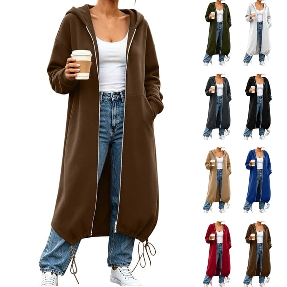 Womens Fashion Outerwear Solid Color Hooded Zip Up Cardigan Oversized Drawstring Hem Maxi Hoodie Coat with Pockets S