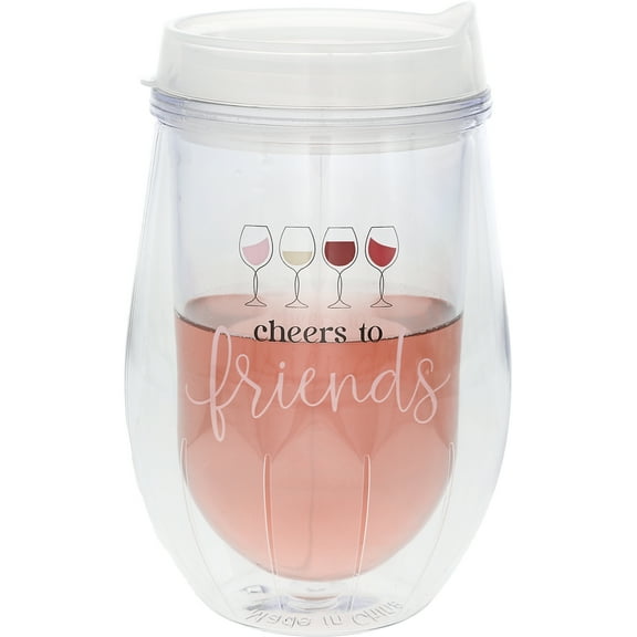 Pavilion Gift Company - Cheers To Friends - 12 oz Acrylic Stemless Wine Glass with Lid
