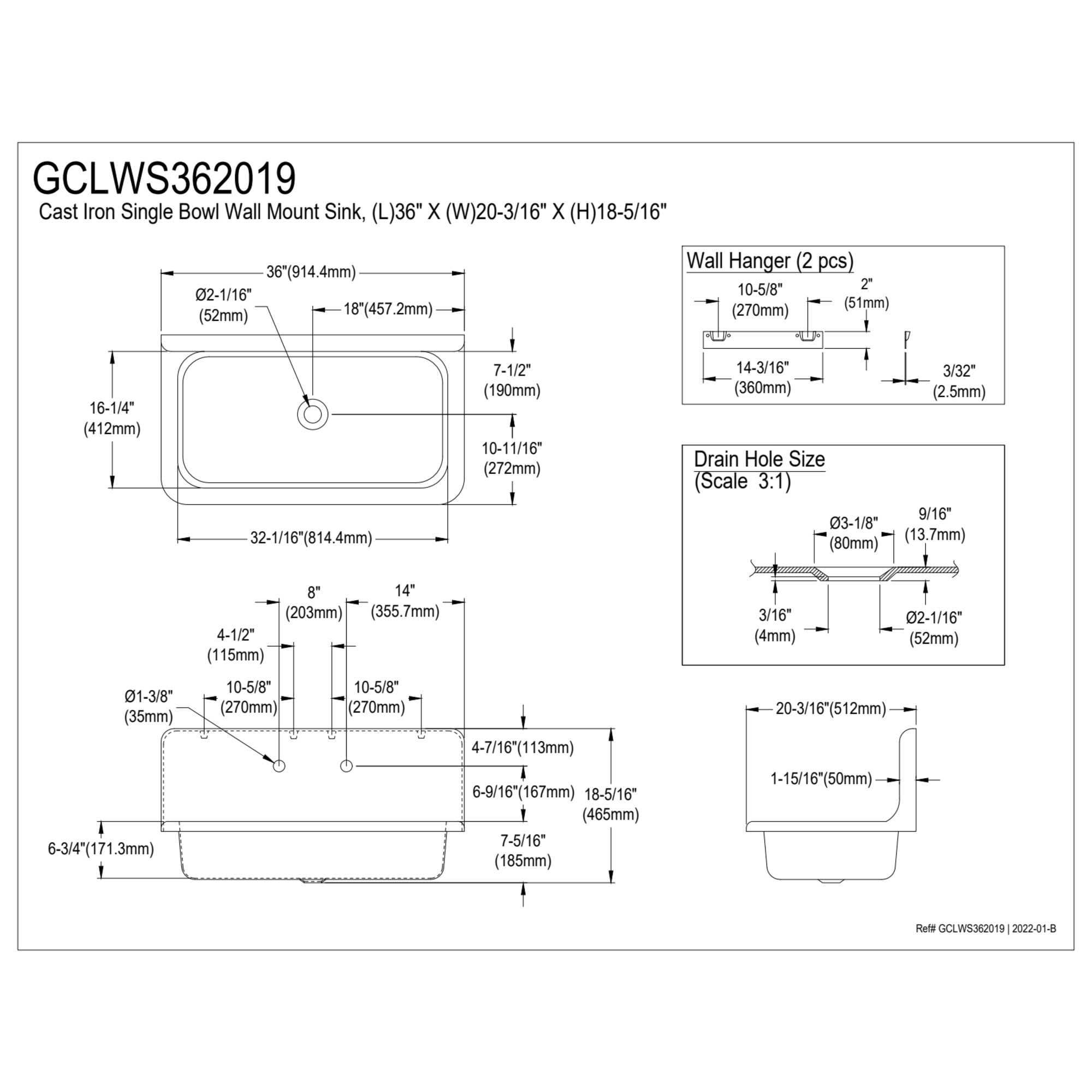 Gourmetier GCLWS362019 Towne 36-Inch Cast Iron Wall Mount Utility Sink, 2-Hole, White