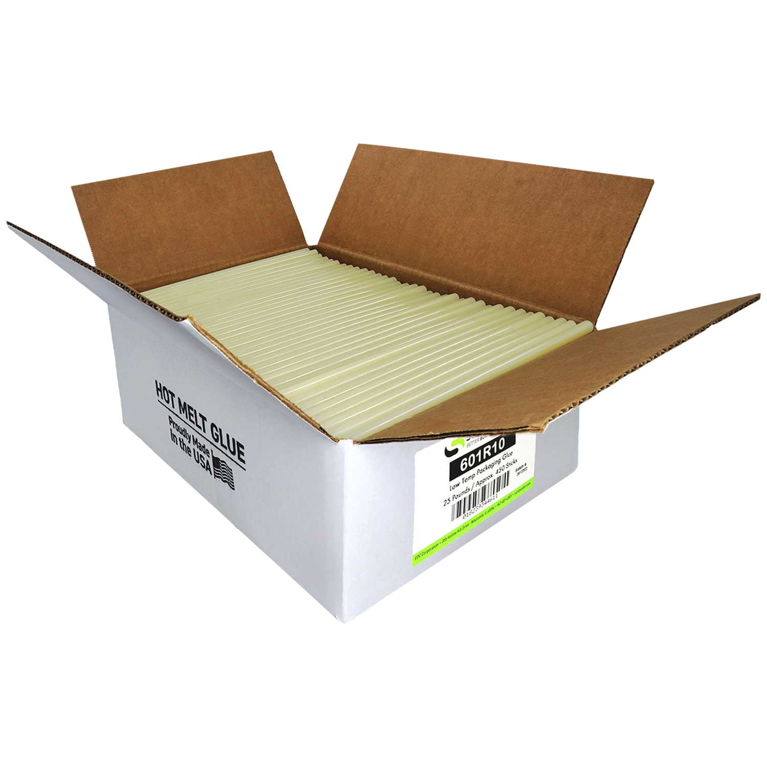 601R10 Low Melt Packaging Glue Sticks - 7/16" x 10" | 25 lb Box