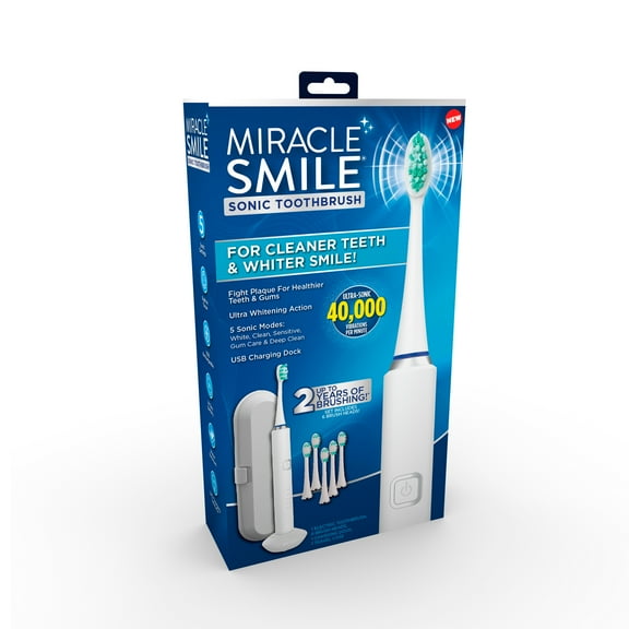Miracle Smile Sonic Toothbrush, 5 Sonic Speeds, USB Charging Dock, Includes 6 Brush Heads