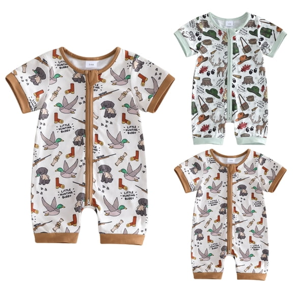 larppty Baby Boy Summer Outfit Newborn Mallard Duck Deer Romper Zipper Onesie Jumpsuit Overalls Camo Hunting Clothes(Brown, 6-12 Months)