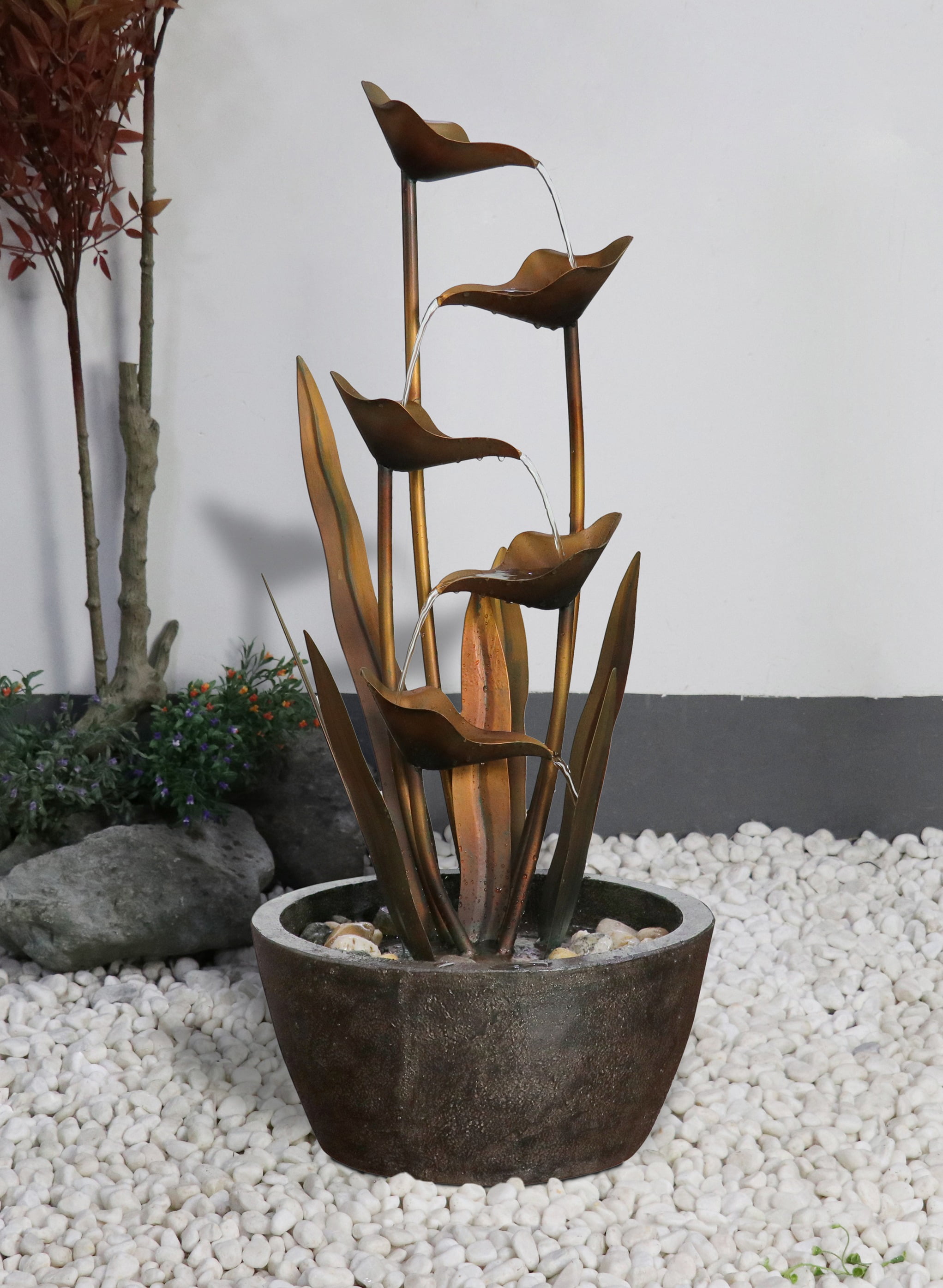 Tiered Leaves Stainless Metal Fountain Outdoor 35" H