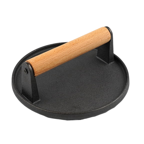 golytefs Round Meat Pressing Plate with Wood Handle Non-stick Cast Iron Burger Press Pan