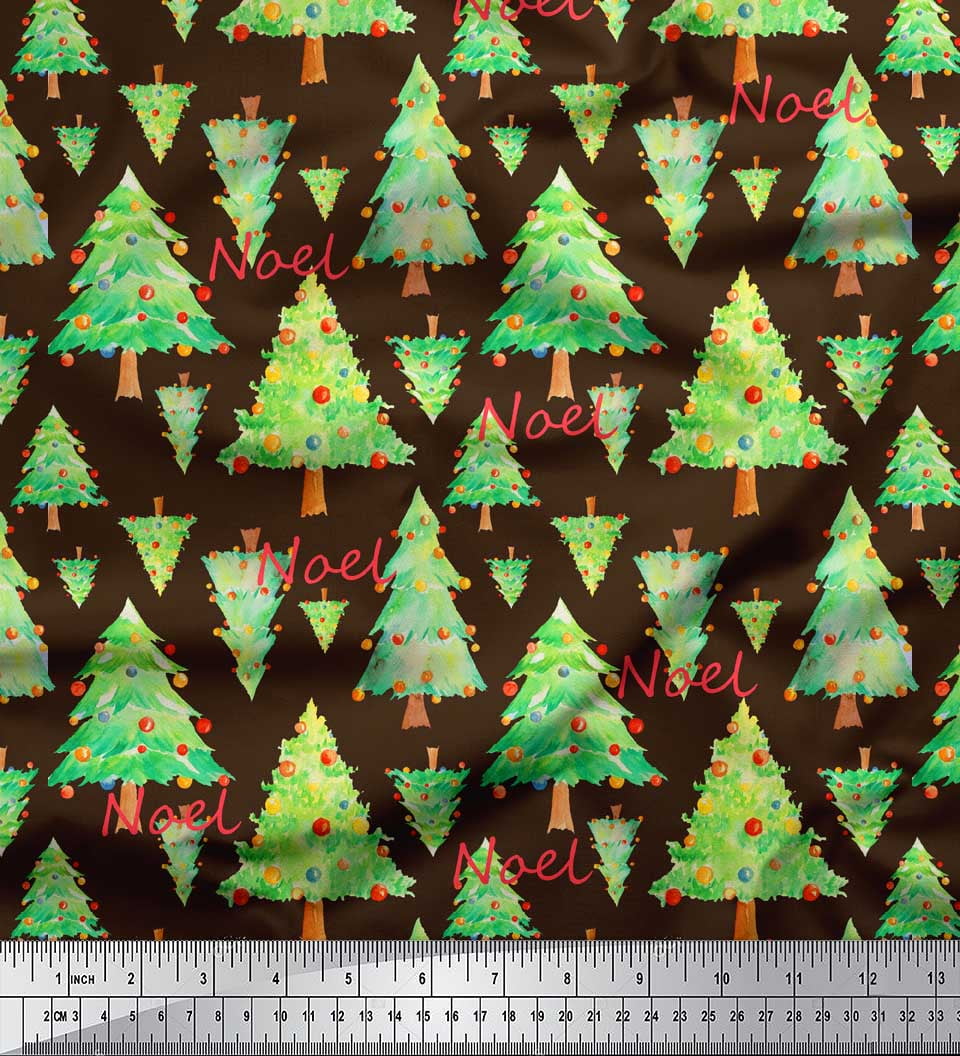 Soimoi Brown Rayon Fabric Text & Christmas Tree Print Fabric by Yard 42 Inch Wide