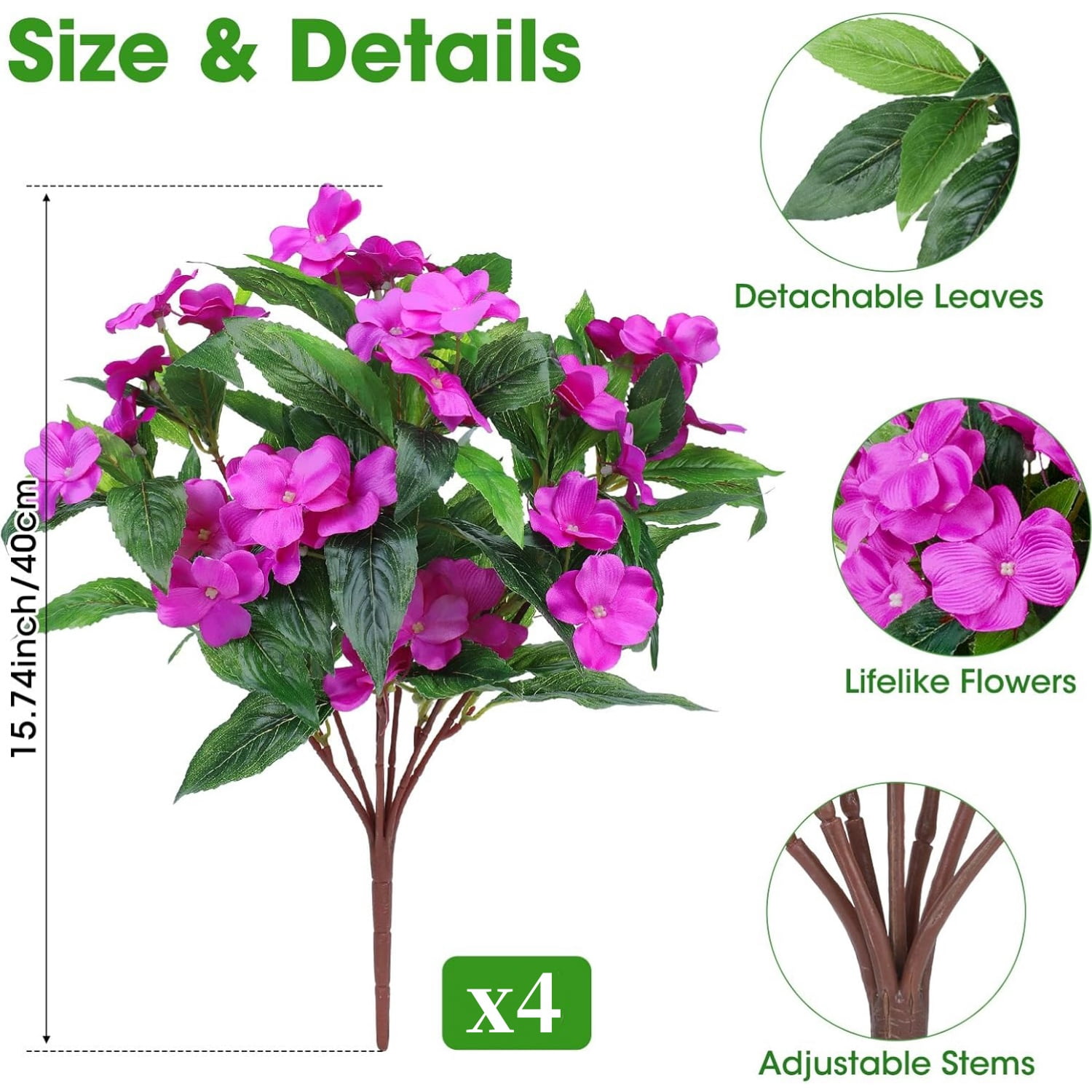 4 Pcs Artificial Flowers Impatiens Bushes Topboutique Silk Impatiens Flowers Faux Flower Greenery Bouquet Fake Flowers Plant for Wedding Home Patio Lawn Garden Porch Hanging Basket Decor, Purple