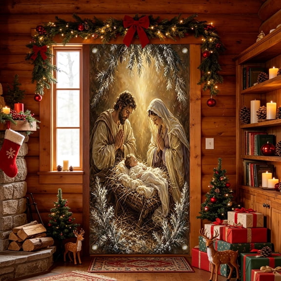 Nativity Scene Theme Christmas Door Cover 71x35 In, Privacy Door Window Curtains Holiday Door Banners for Front Door, Hanging Porch Banner Sign Photo Background for Indoor Outdoor Party Decoration