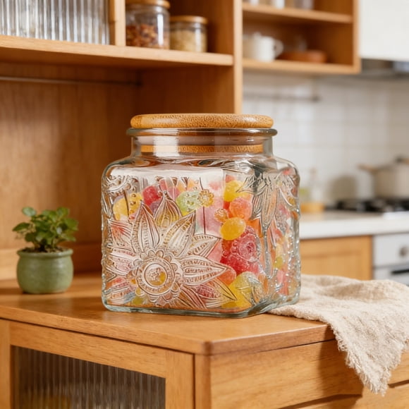 EGNMCR Kitchen Gadgets 17Oz Clear Embossed Glass Sealed Jar Squares Airtight Food Storage Container With Wooden Lid For Candy Coffee Beans Snacks And Kitchen Countertop Organization Glass Jar