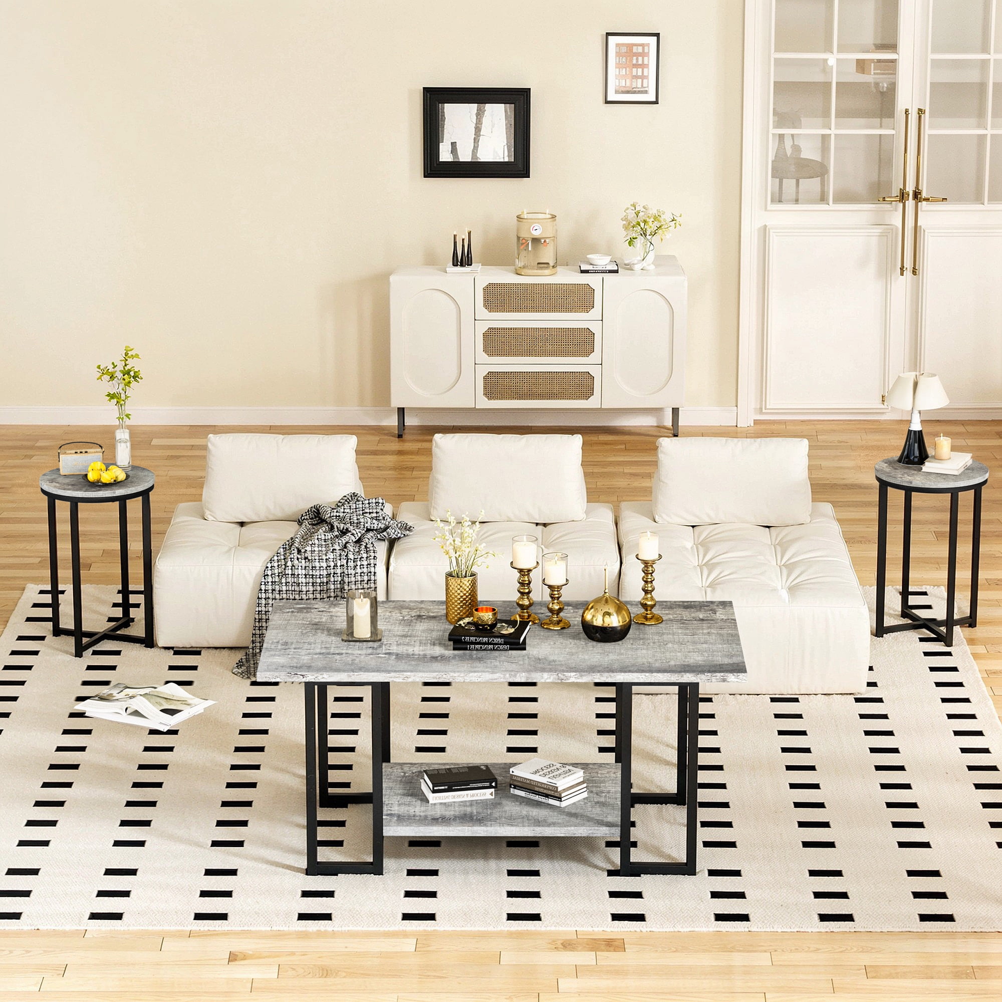 Baxluxe Coffee Table Set of 3, Faux Marble Coffee Table with 2 Round End Side Tables, Modern Living Room Table Set with Metal Frame for Apartment Home Office Small Place, Gray