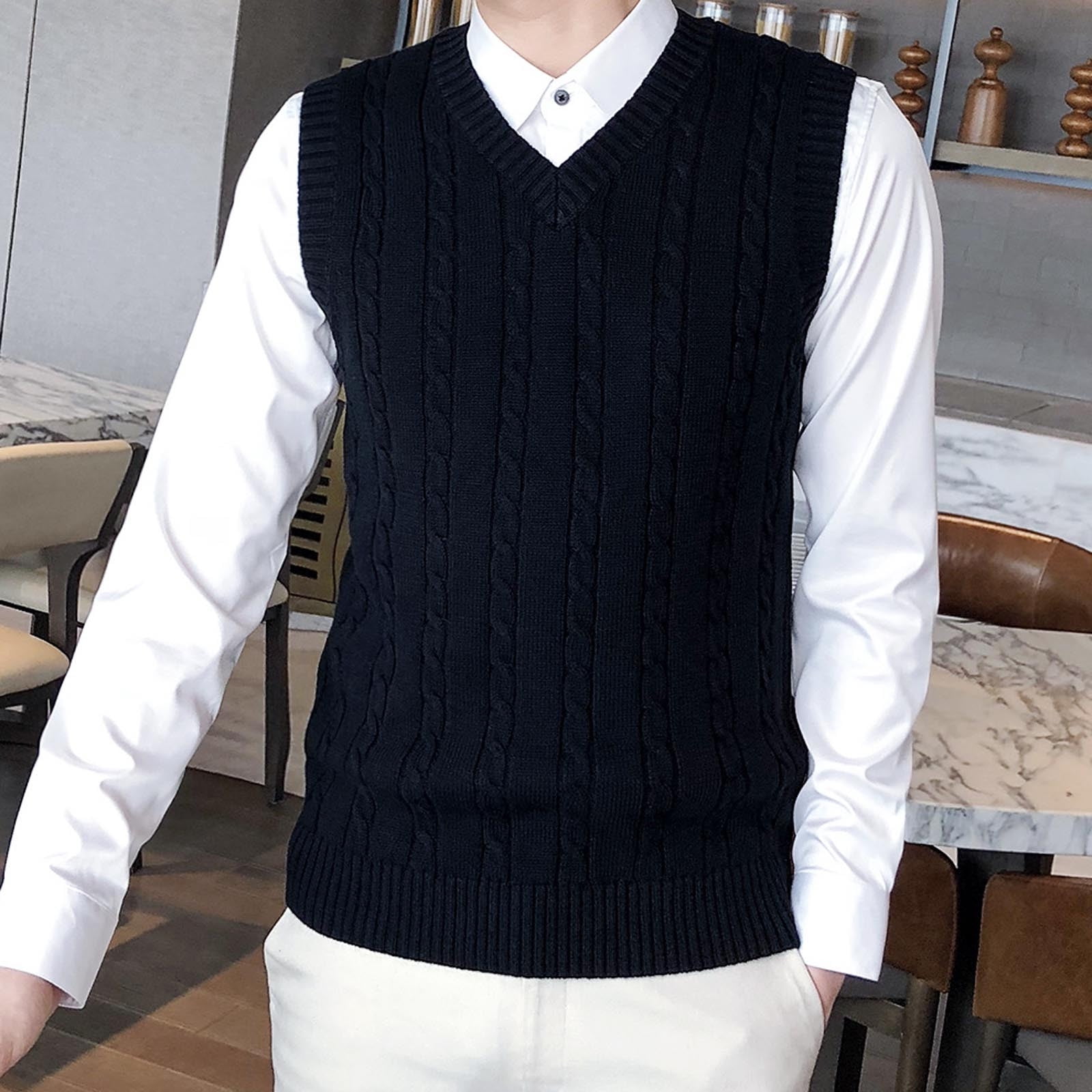 UTTOASFAY Mens Winter Long Sleeve Shirts Men Casual Sweater Vest School  Uniform Pullover Cotton Knit V-Neck Vest Tops Blouse Flash Picks Black