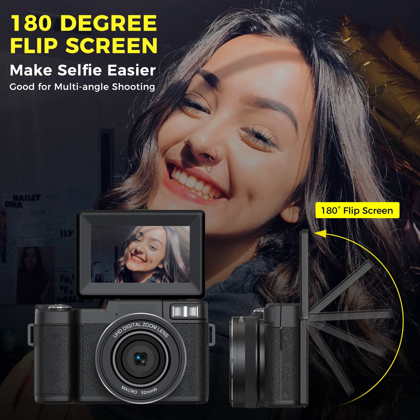 5K Vlogging Camera with WiFi 64MP 4K Digital Camera for Photography Vlog Camera with Flip Screen Video Camera for YouTube with Selfie Light, Mini Tripod, Batteries