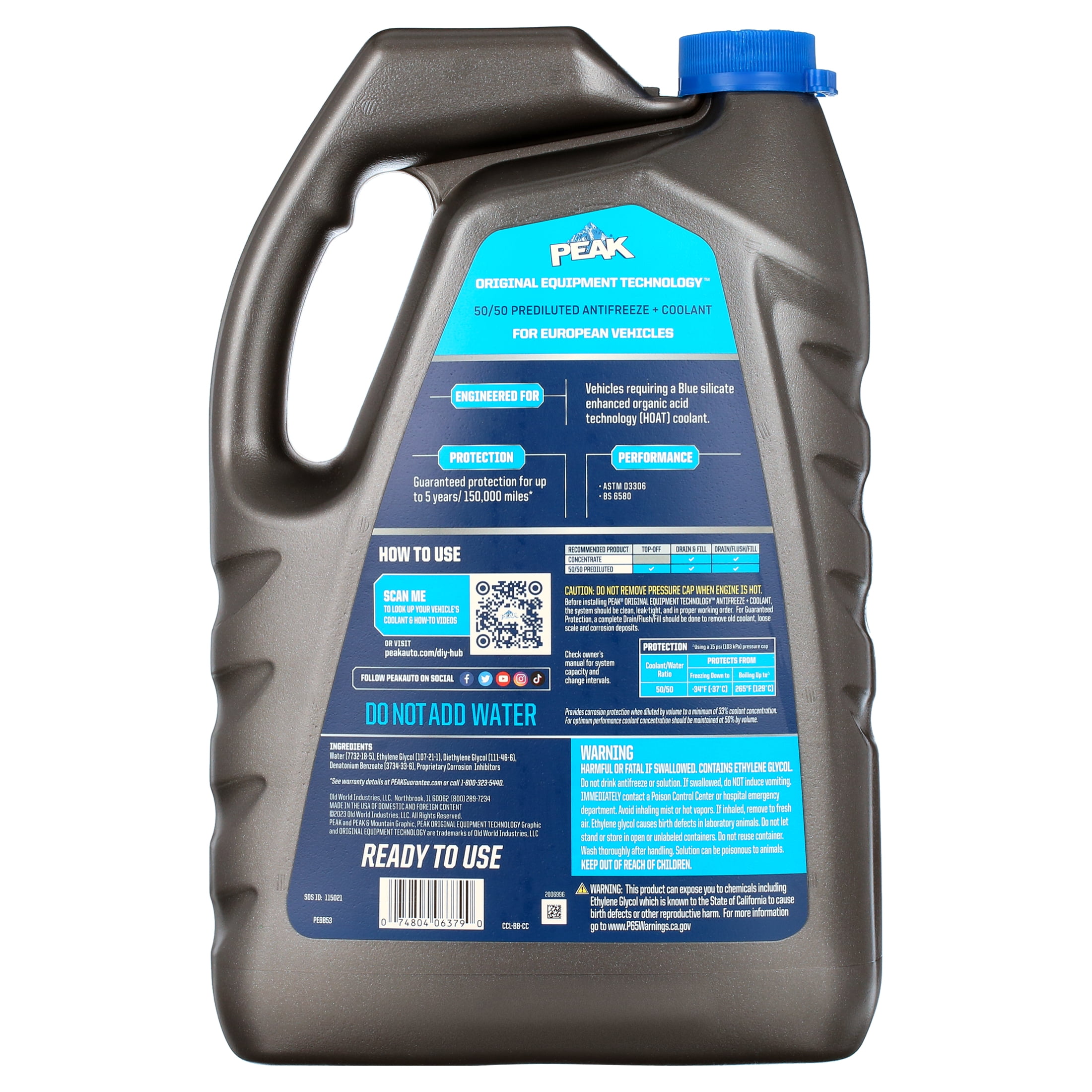 PEAK Original Equipment Technology European Vehicles Blue, 50/50 Prediluted Antifreeze & Coolant, 1 gal