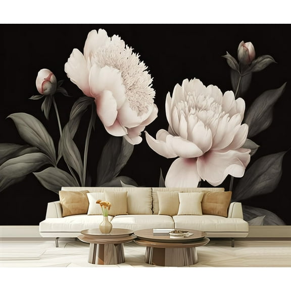 Peel and Stick Wallpaper Waterproof Black Vintage Dark Contact Floral Peonies Buds Leaves Stems Petals Wall Mural Decor Self Adhesive and Removable 69in x 98in