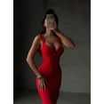 thumbnail image 3 of Red Womens Spaghetti Strap V-Neck Bodycon Midi Dress, Elegant Cocktail Party Gown, 3 of 8
