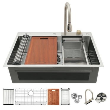 33×22 - inch Drop - in Waterfall Kitchen Sink - Single - bowl, 16 - gauge Stainless Steel, Kitchen Sink with Ledge (Workstation), Equipped with a Pull - out Faucet and a Cup Washer.
