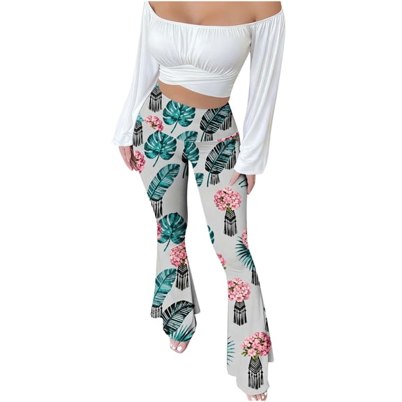 APEXFWDT Women's Retro Printed Flare Pants High Waist Slim-Fit Stretch Yoga Pants Lightweight Casual Fashion Bell Bottom Pants,S,I