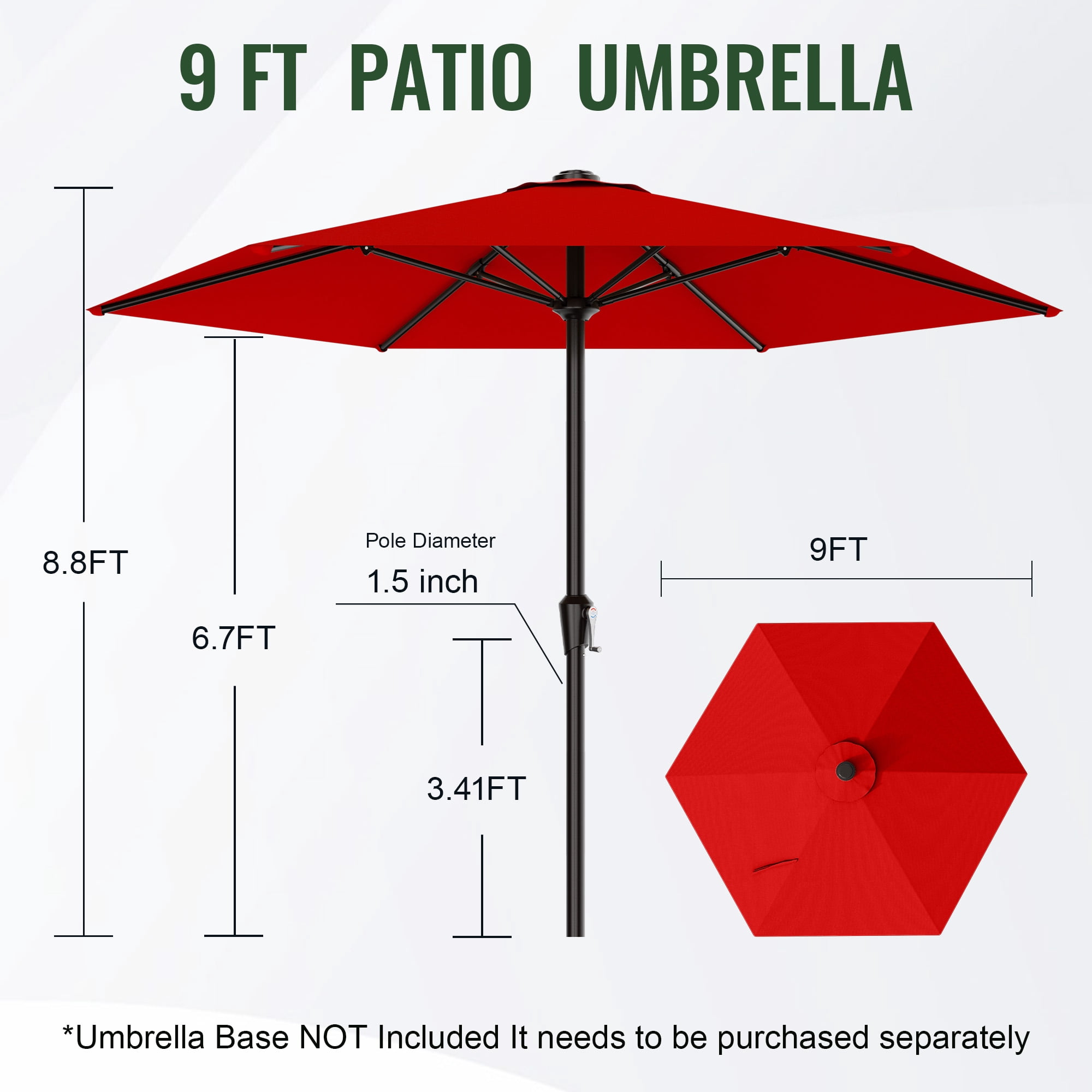 Easthome 9ft Patio Umbrella with Crank Lift System & 6 Sturdy Ribs Waterproof, Patio Table Umbrella Perfect for Poolside, Terrace, Beach and Outdoor Restaurant, Red
