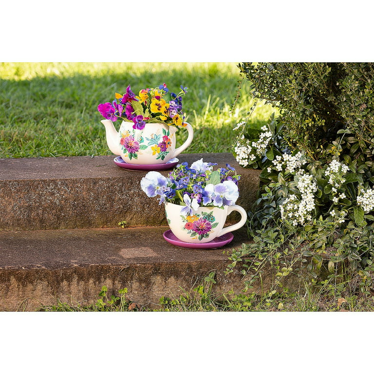 Evergreen Floral Pink Ceramic Tea Cup Indoor/Outdoor Planter with