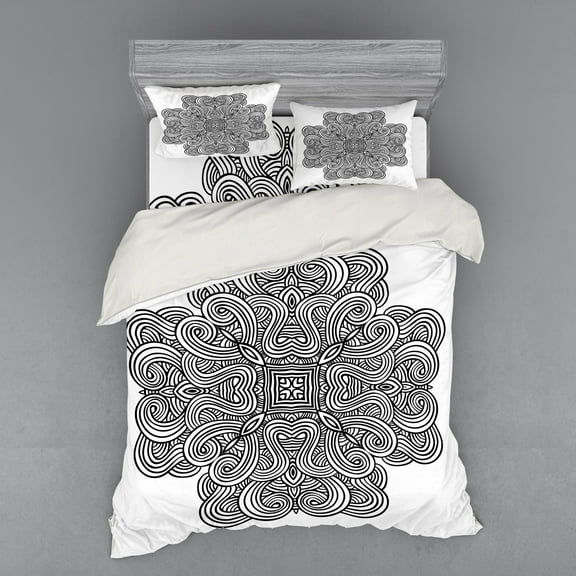 Celtic Duvet Cover Set, Mediaeval Celtic Rotary Heraldic Design with Squared Shape in the Centre Retro Art, Bedding Set with Shams and Fitted Sheet, 3 Sizes, by Ambesonne
