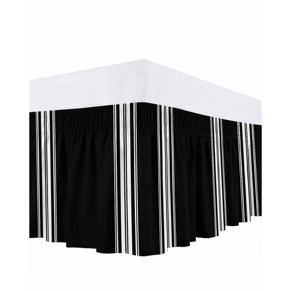White Stripes Bed Skirt Geometric Black Background Bed Skirts California King Size 16 Inch Drop, Wrap Around Dust Ruffle Bedskirt with Adjustable Elastic Belt for Queen Size Beds