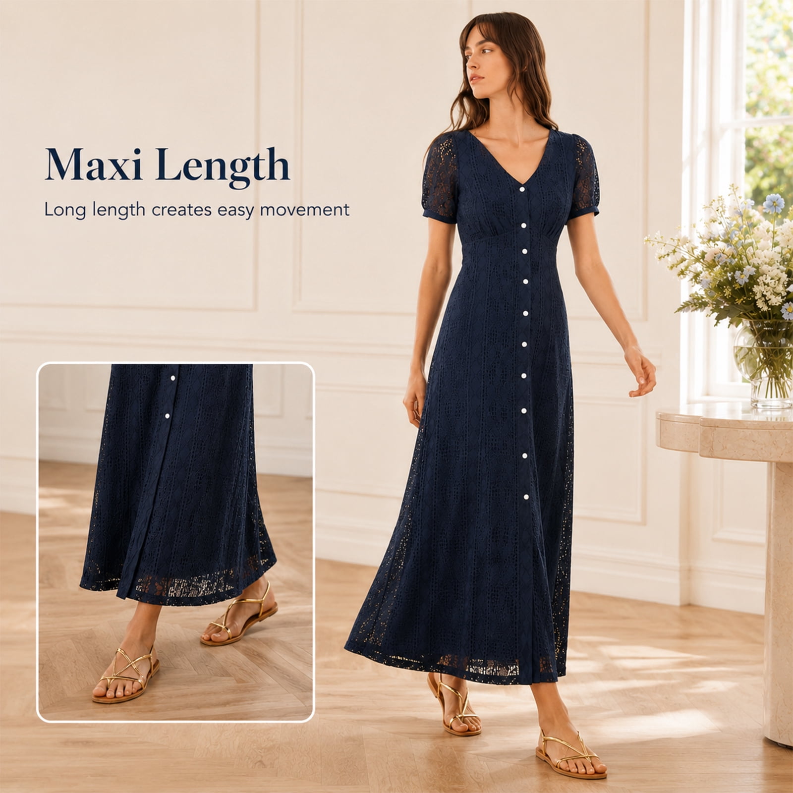 Alvantor Women's Navy Lace Maxi Dress with V-Neck, Short Puff Sleeves and Button Front