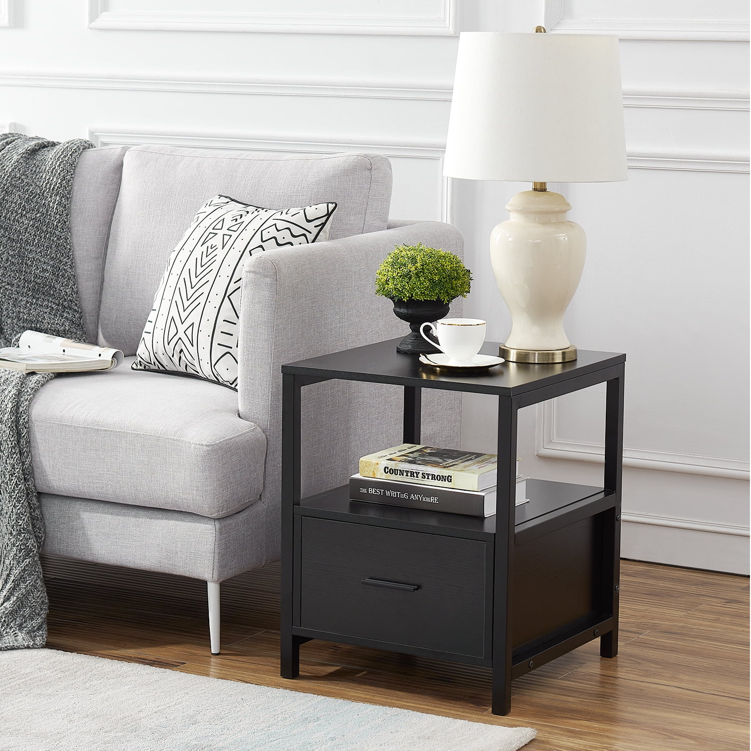 VECELO Modern End Table with 1 Drawer and Shelf Black Nightstand Accent ...