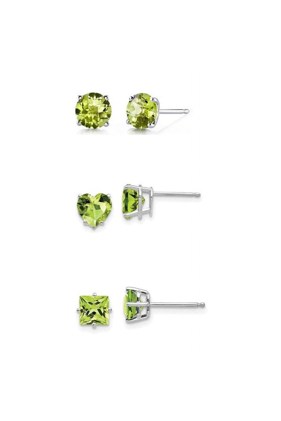 18k White Gold Created Peridot 3 Pair Round, Square And Heart Stud Earrings Plated 4mm
